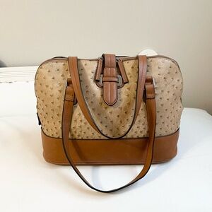 TAN BROWN FAUX LEATHER OSTRICH TOTE  ZIPPER SNAP DOUBLE STRAP SILVER HARDWARE